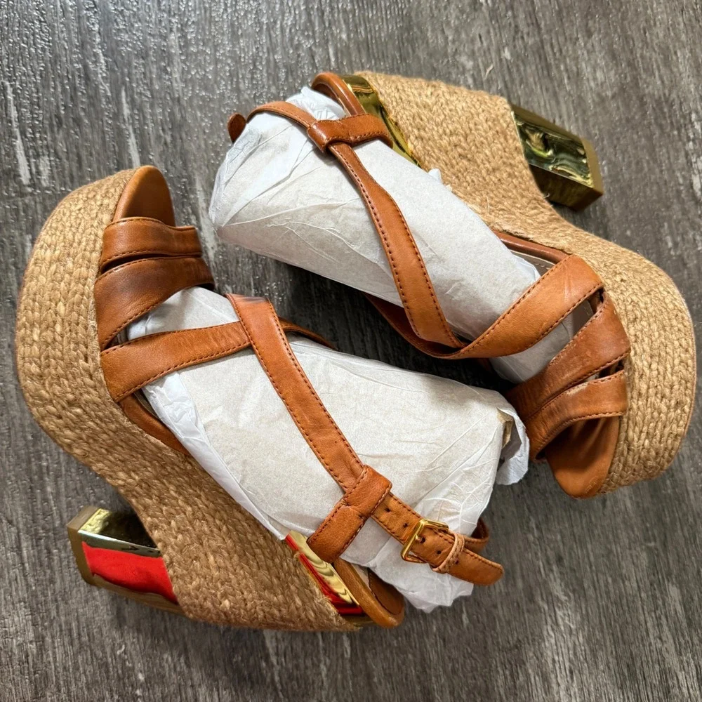 Miu Miu Brown Leather Espadrille Wedge Sandals Gold Accent Heel 34.5 EU / 4.5 US